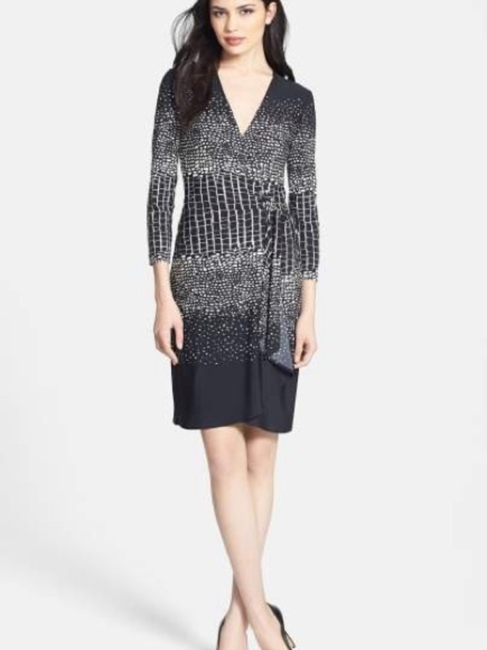 BCBGMaxAzria Black and White Long-Sleeve Wrap Dress